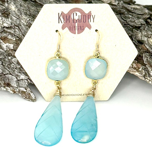 Long Aqua Blue Chalcedony Earrings - Picture 4 of 4